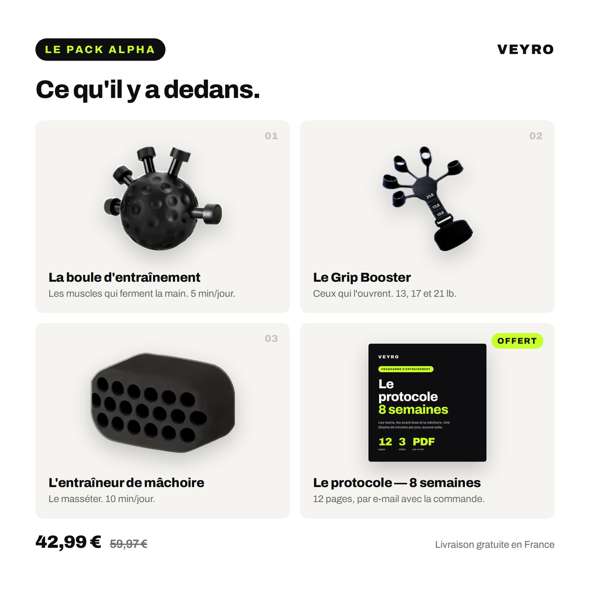 Le contenu du Pack Alpha : la boule, le Grip Booster et l'entraîneur de mâchoire
